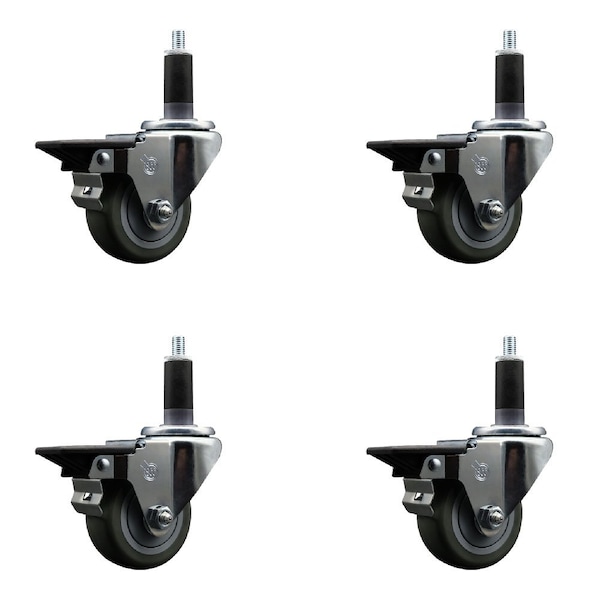 3'' Gray Poly Swivel 1-1/8'' Expanding Stem Caster Set with Brake, 4PK